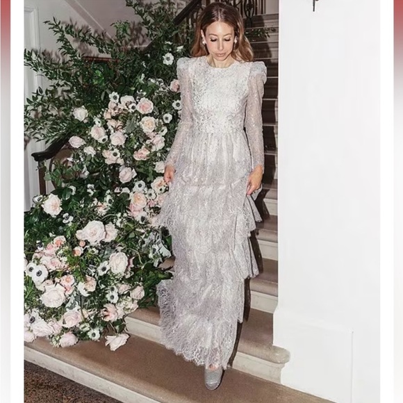 ANTONIO MELANI Dresses & Skirts - ANTONIO MELANI Silver Lace Tiered Maxi Dress